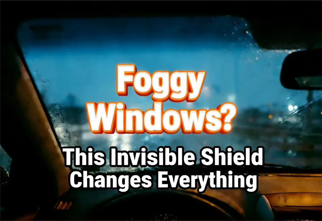 Driver's view: foggy windshield on rainy night.