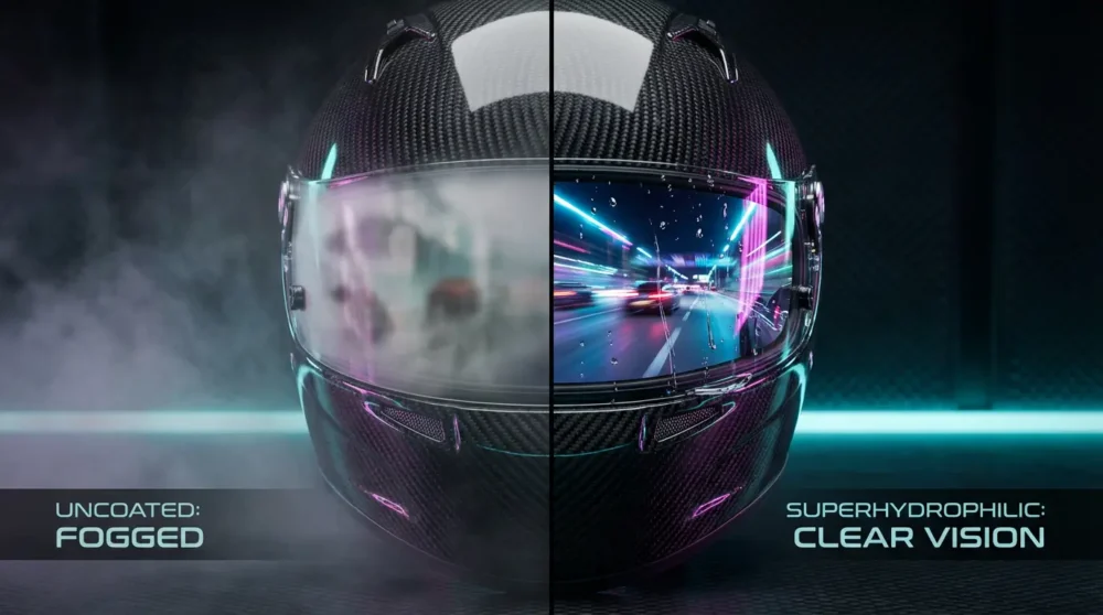 Racing Helmet Split Screen Superhydrophilic vs uncoated