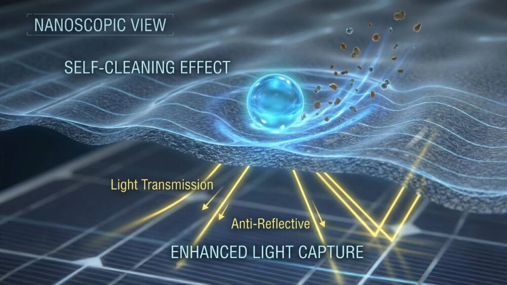 Microscopic principle of self-cleaning nano-coating and its anti-reflective properties