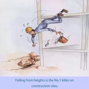 A curtain - wall cleaner in workwear and a hard hat accidentally loses balance and falls from a great height. Tools scatter around, with construction materials below. The caption reads "Falling from heights is the number - one killer on construction sites", warning of the risk of falls in high - altitude work.